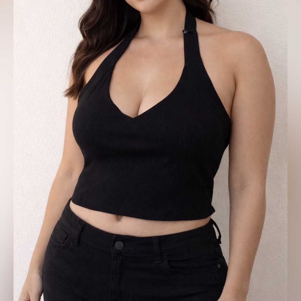 Fashion to Figure Black Ribbed Halter Crop Top Size 0 XL Plus